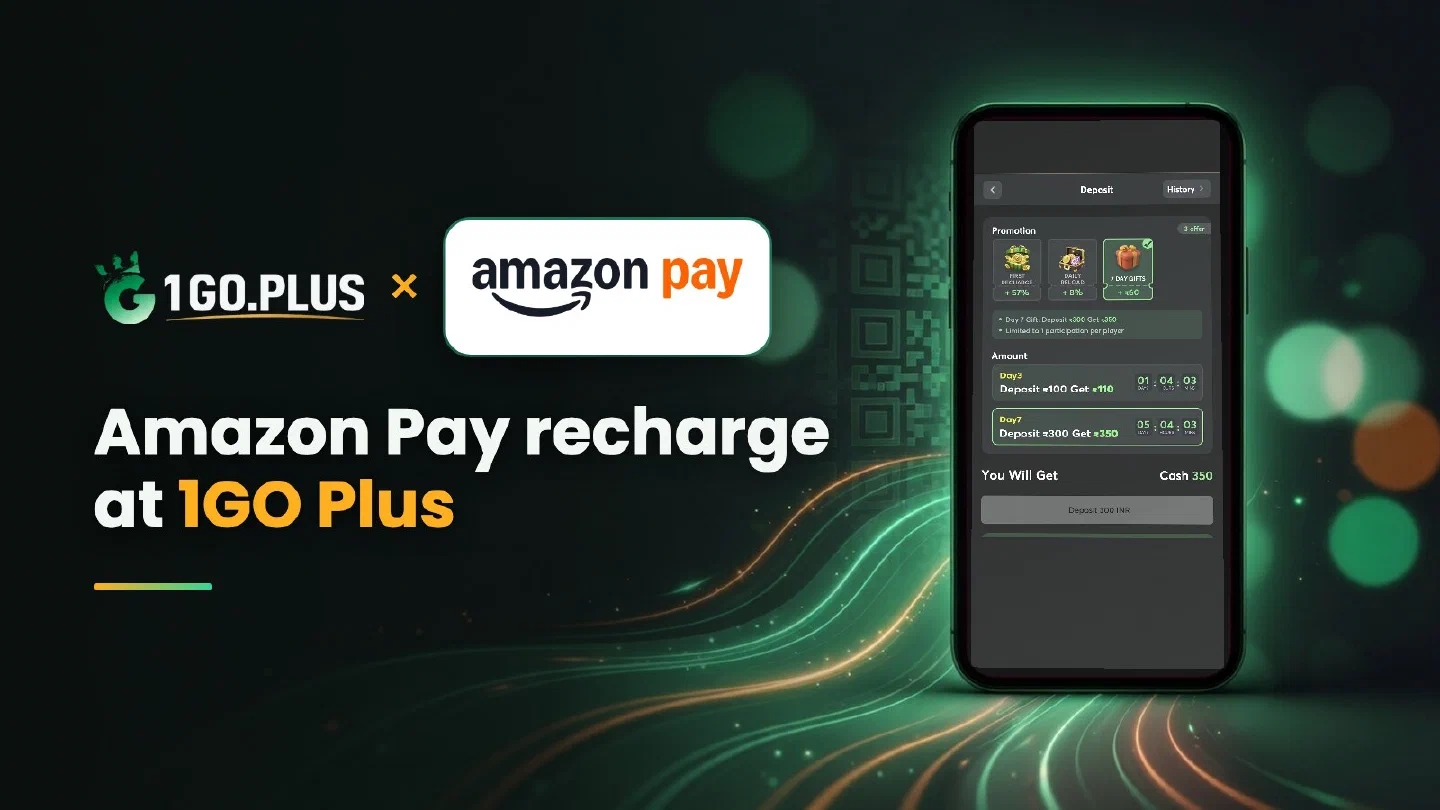 1GO Plus and Amazon Pay logos beside a phone showing the 1GO Plus deposit screen