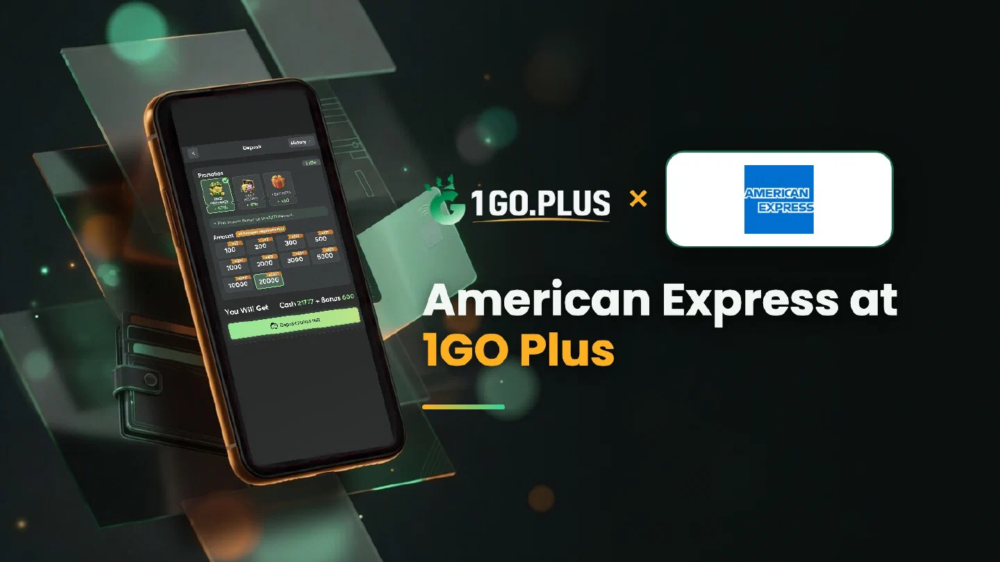 1GO Plus and American Express logos beside a phone showing the 1GO Plus deposit screen, with the line American Express at 1GO Plus