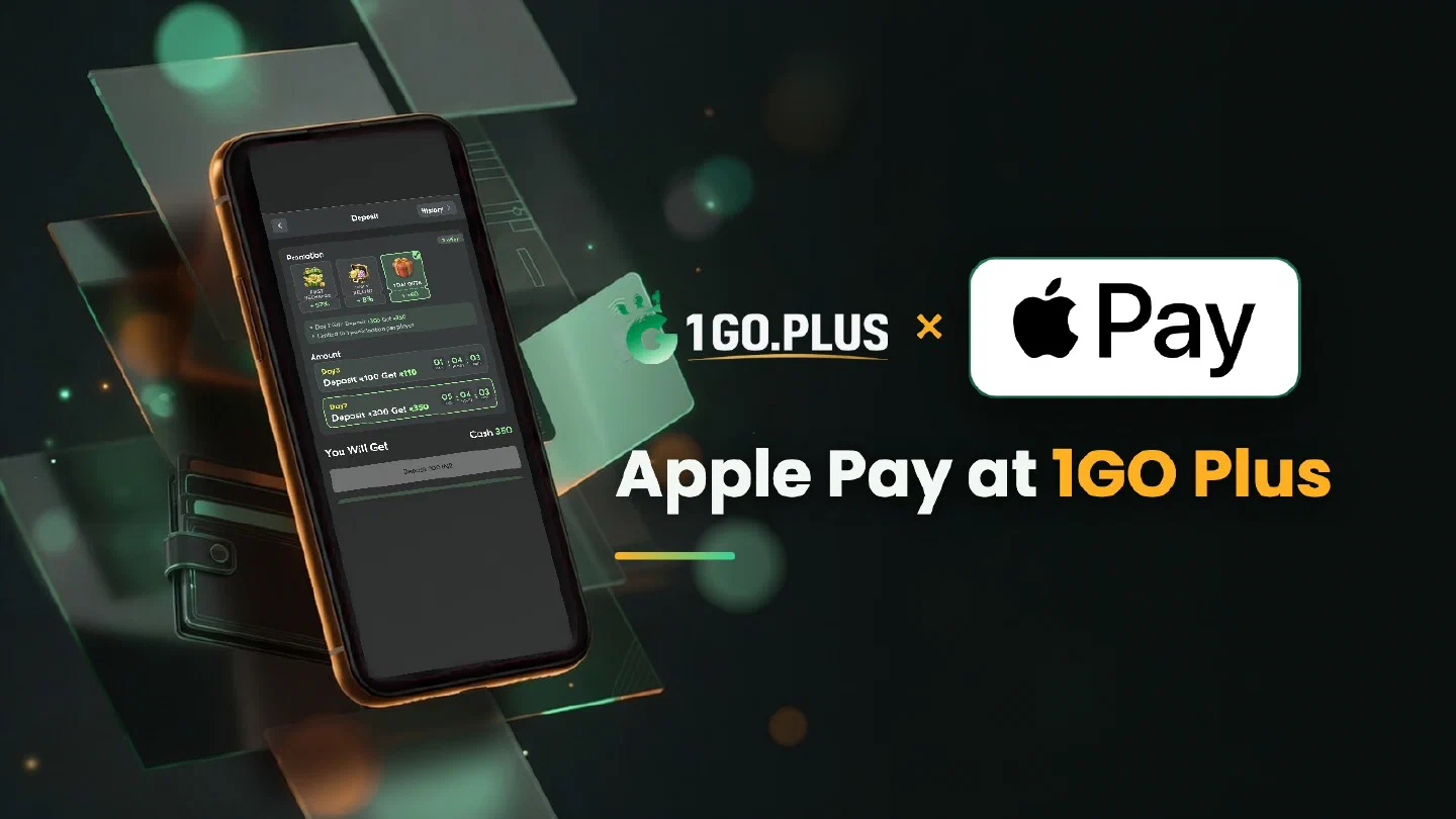1GO Plus and Apple Pay logos beside a phone showing the 1GO Plus deposit screen with Apple Pay selected