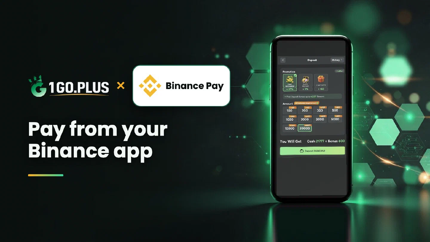 1GO Plus and Binance Pay logos beside a phone showing the 1GO Plus deposit screen, with the line Pay from your Binance app