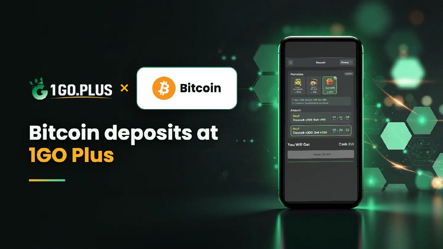 1GO Plus and Bitcoin logos with the line Bitcoin deposits at 1GO Plus beside a phone showing the 1GO Plus deposit screen