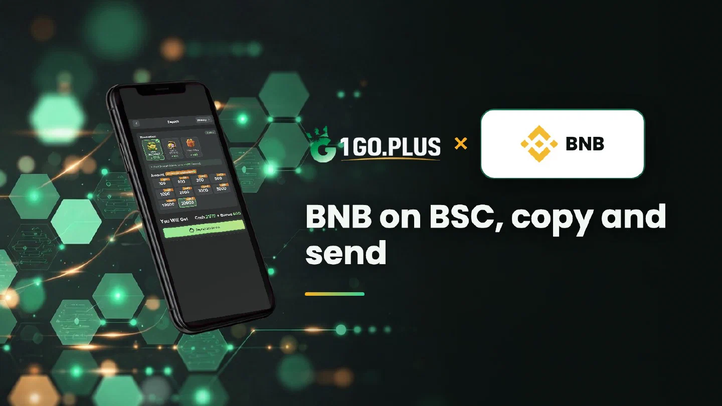 1GO Plus and BNB logos beside a phone showing the 1GO Plus deposit screen, with the line BNB on BSC, copy and send