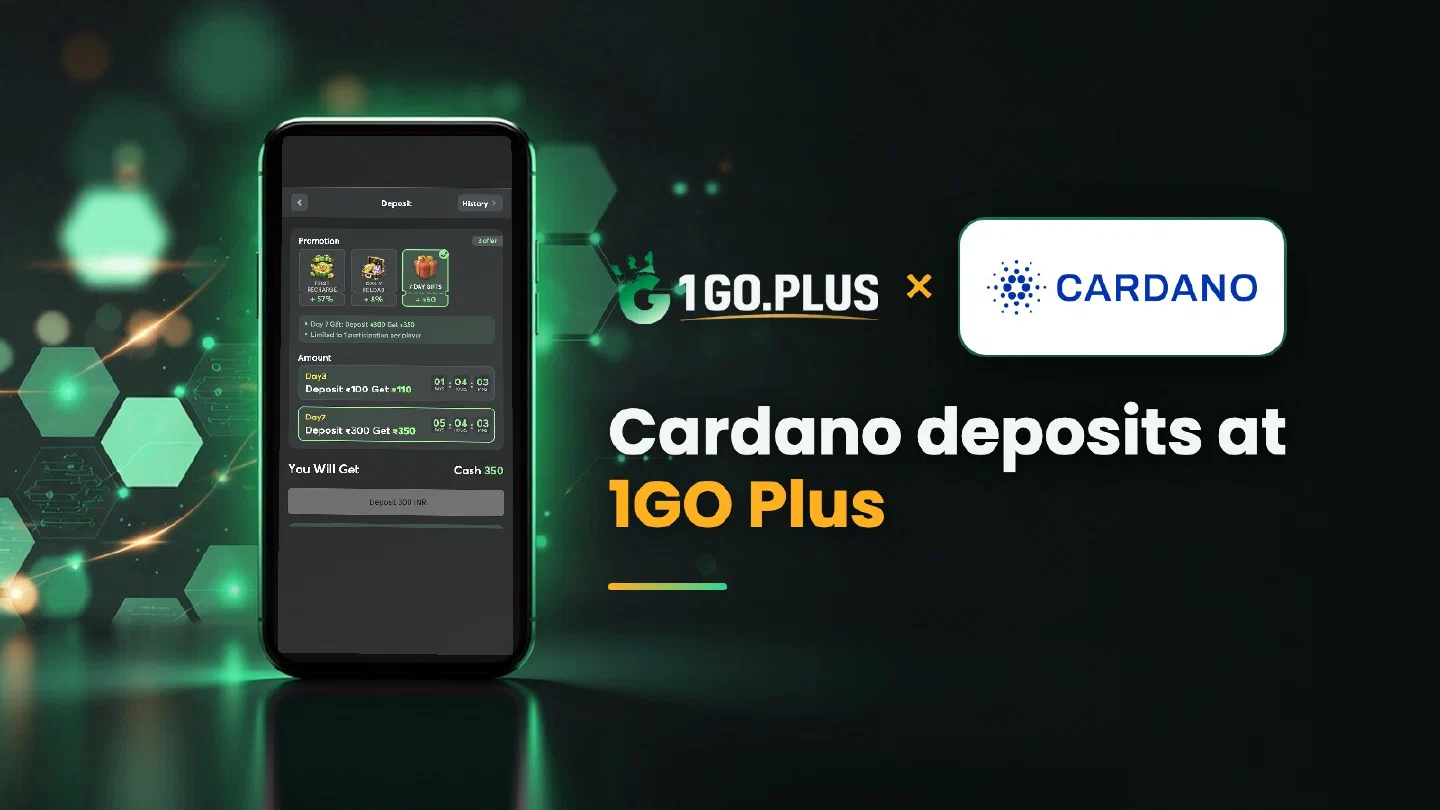 1GO Plus and Cardano logos with the line Cardano deposits at 1GO Plus beside a phone showing the 1GO Plus deposit screen