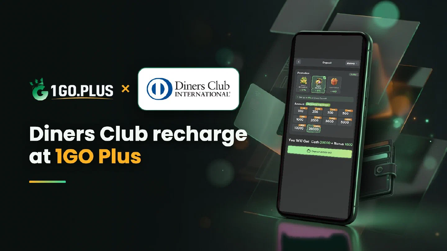 1GO Plus and Diners Club logos beside a phone showing the 1GO Plus deposit screen, with the line Diners Club recharge at 1GO Plus