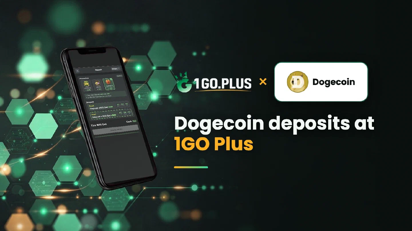 1GO Plus and Dogecoin logos with the line Dogecoin deposits at 1GO Plus beside a phone showing the 1GO Plus deposit screen
