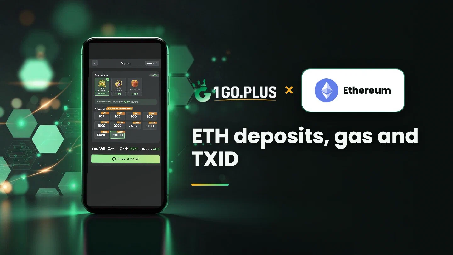 1GO Plus and Ethereum logos beside a phone showing the 1GO Plus deposit screen, with the line ETH deposits, gas and TXID