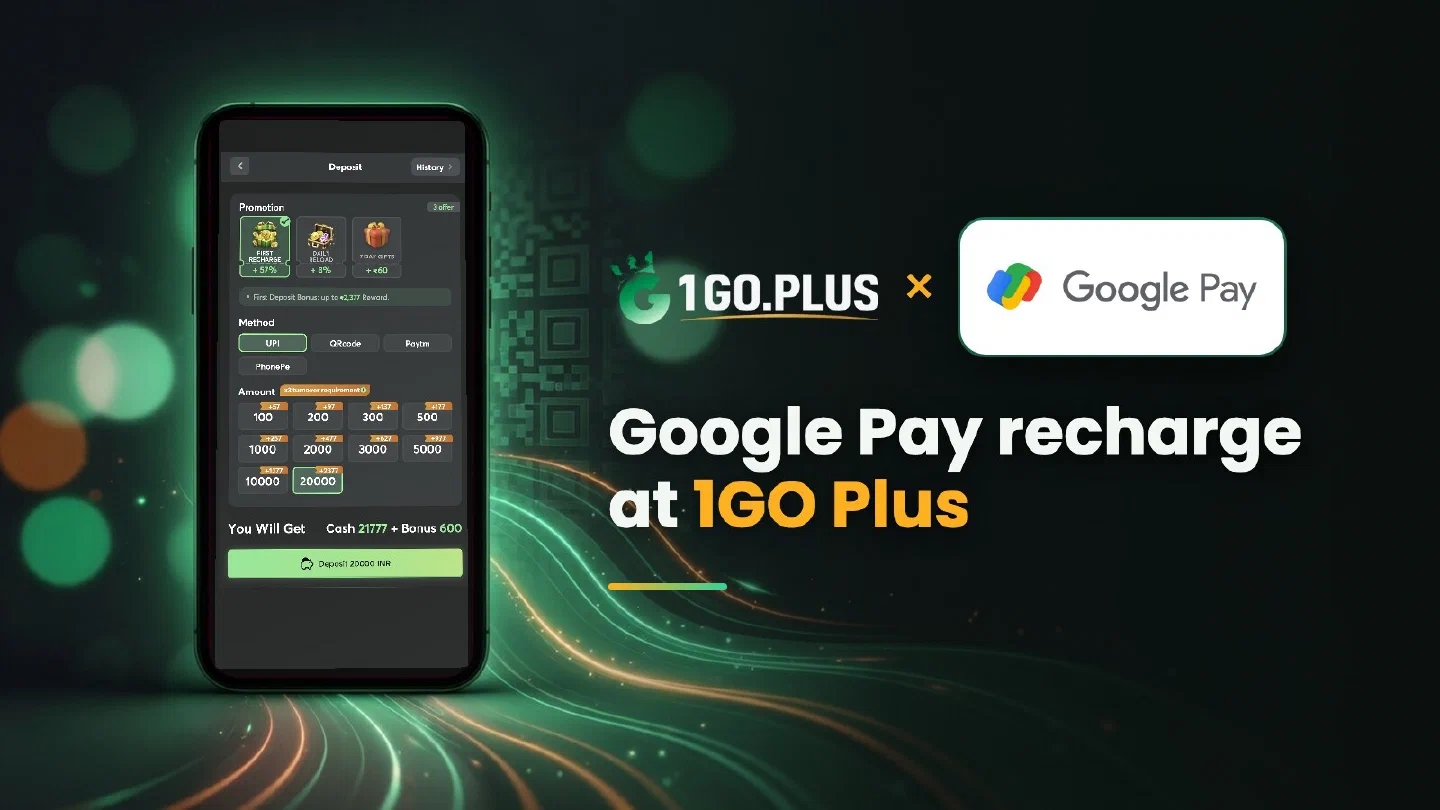 1GO Plus and Google Pay logos beside a phone showing the 1GO Plus deposit screen with a UPI payment