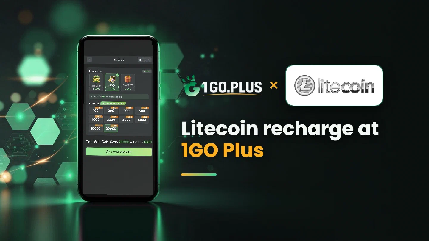 1GO Plus and Litecoin logos with the line Litecoin recharge at 1GO Plus beside a phone showing the 1GO Plus deposit screen