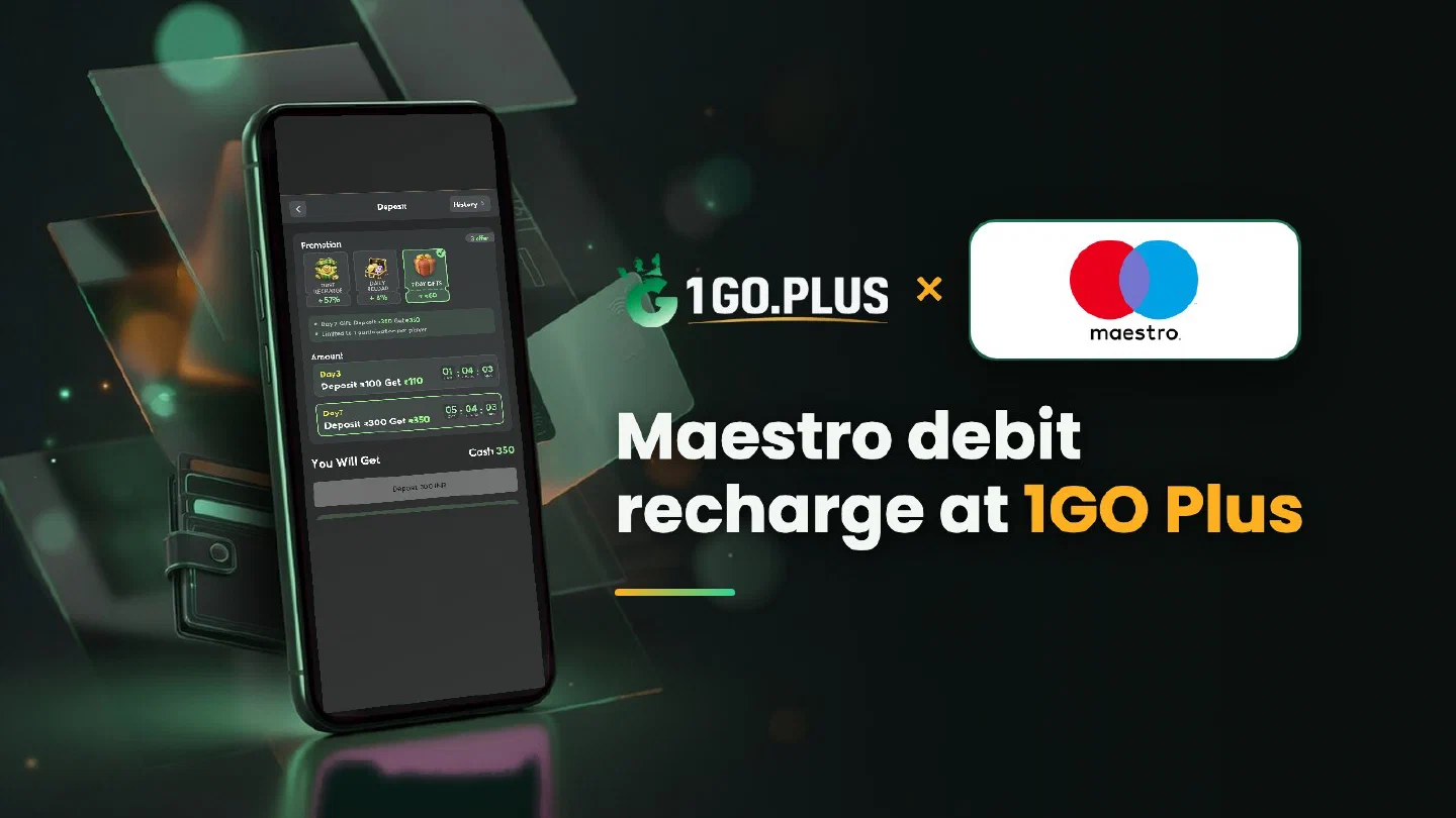 1GO Plus and Maestro logos beside a phone showing the 1GO Plus deposit screen, with the line Maestro debit recharge at 1GO Plus