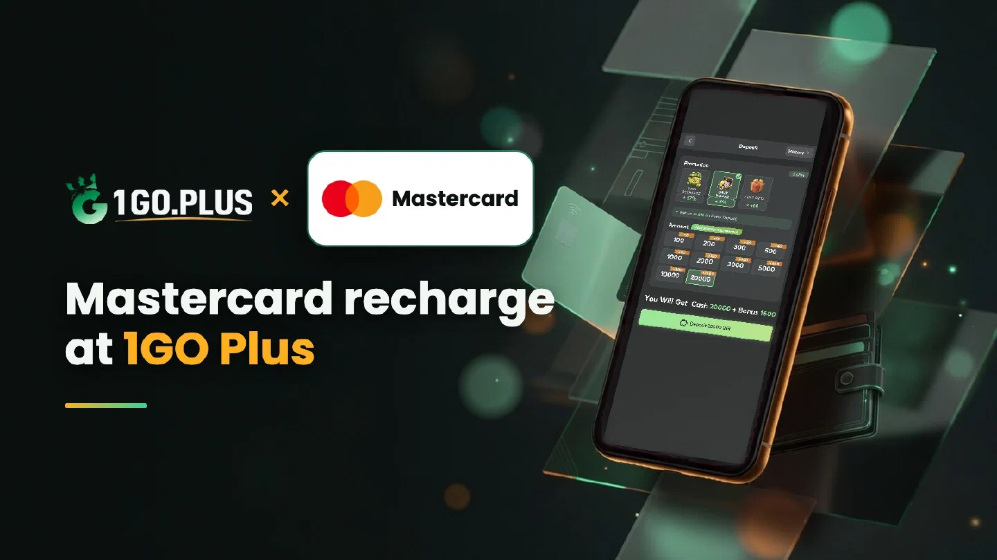 1GO Plus and Mastercard logos beside a phone showing the 1GO Plus deposit screen, with the line Mastercard recharge at 1GO Plus