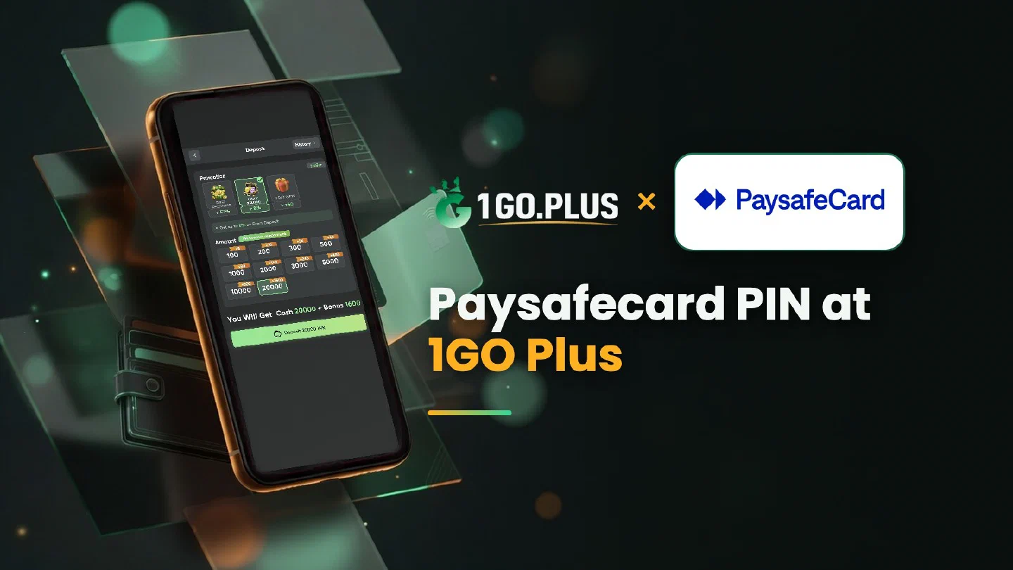 1GO Plus and Paysafecard logos beside a phone showing the 1GO Plus deposit screen with Paysafecard selected