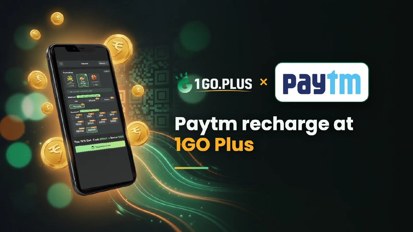 1GO Plus and Paytm logos beside a phone showing the 1GO Plus deposit screen with Paytm selected