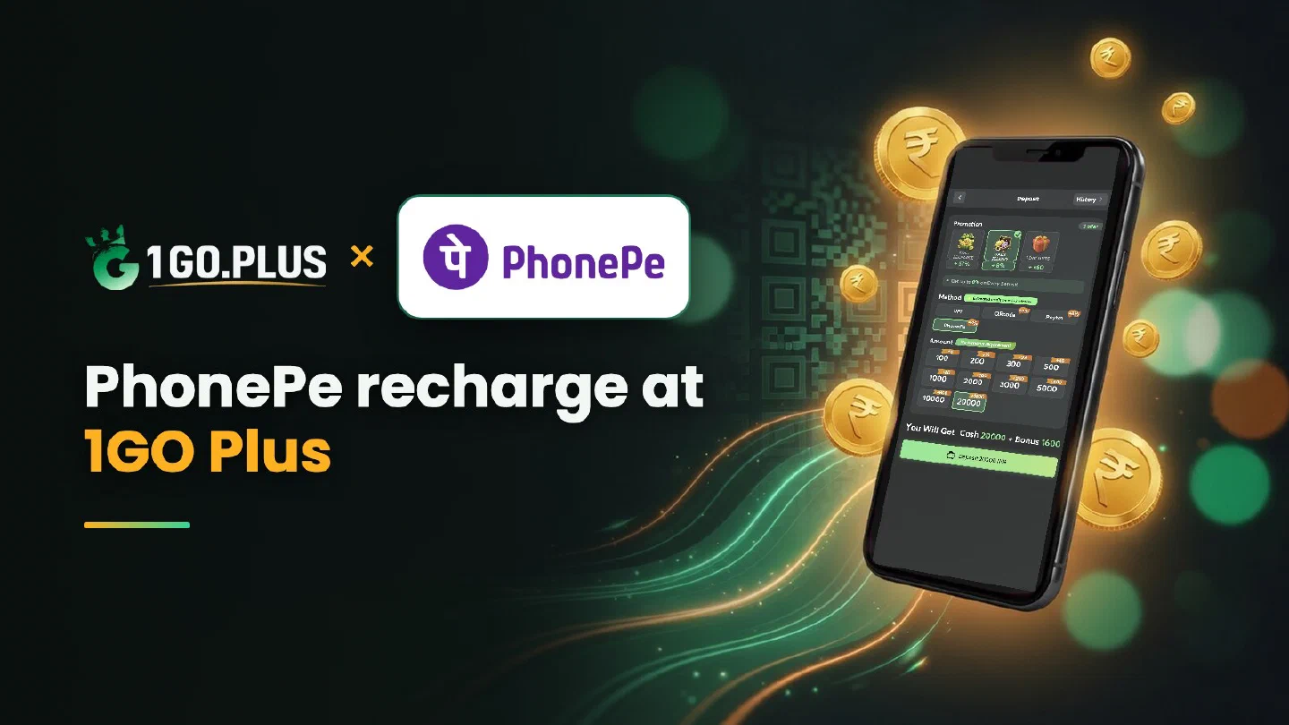 1GO Plus and PhonePe logos beside a phone showing the 1GO Plus deposit screen with PhonePe selected