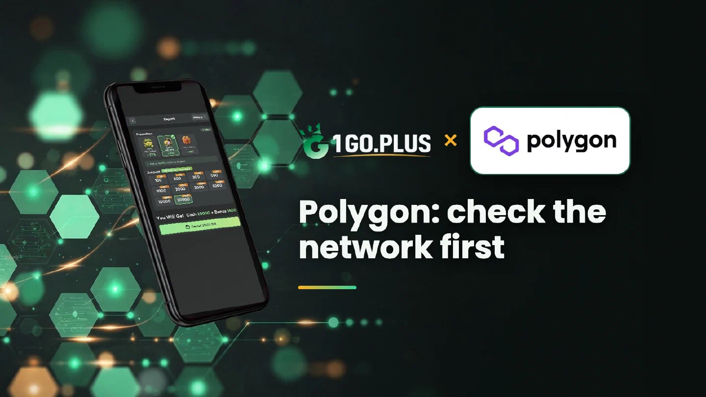 1GO Plus and Polygon logos beside a phone showing the 1GO Plus deposit screen, with the line Polygon, check the network first