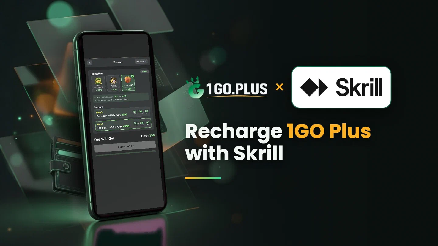 1GO Plus and Skrill logos beside a phone showing the 1GO Plus deposit screen