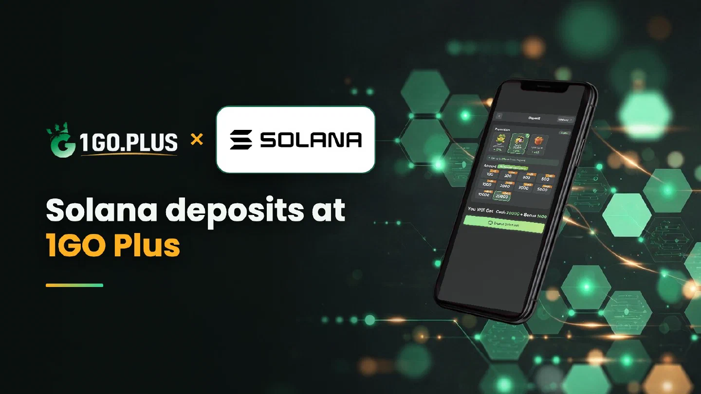 1GO Plus and Solana logos with the line Solana deposits at 1GO Plus beside a phone showing the 1GO Plus deposit screen