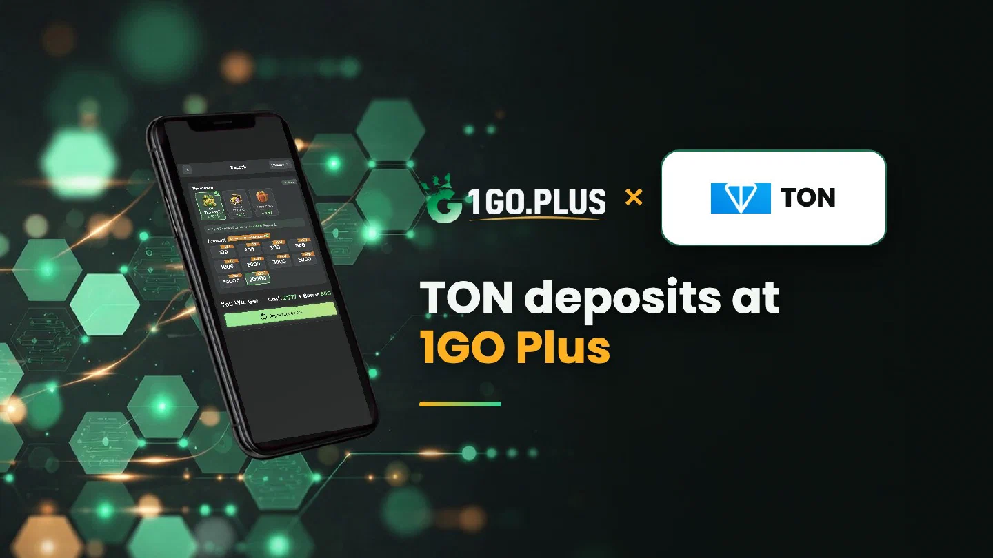 1GO Plus and TON logos with the line TON deposits at 1GO Plus beside a phone showing the 1GO Plus deposit screen
