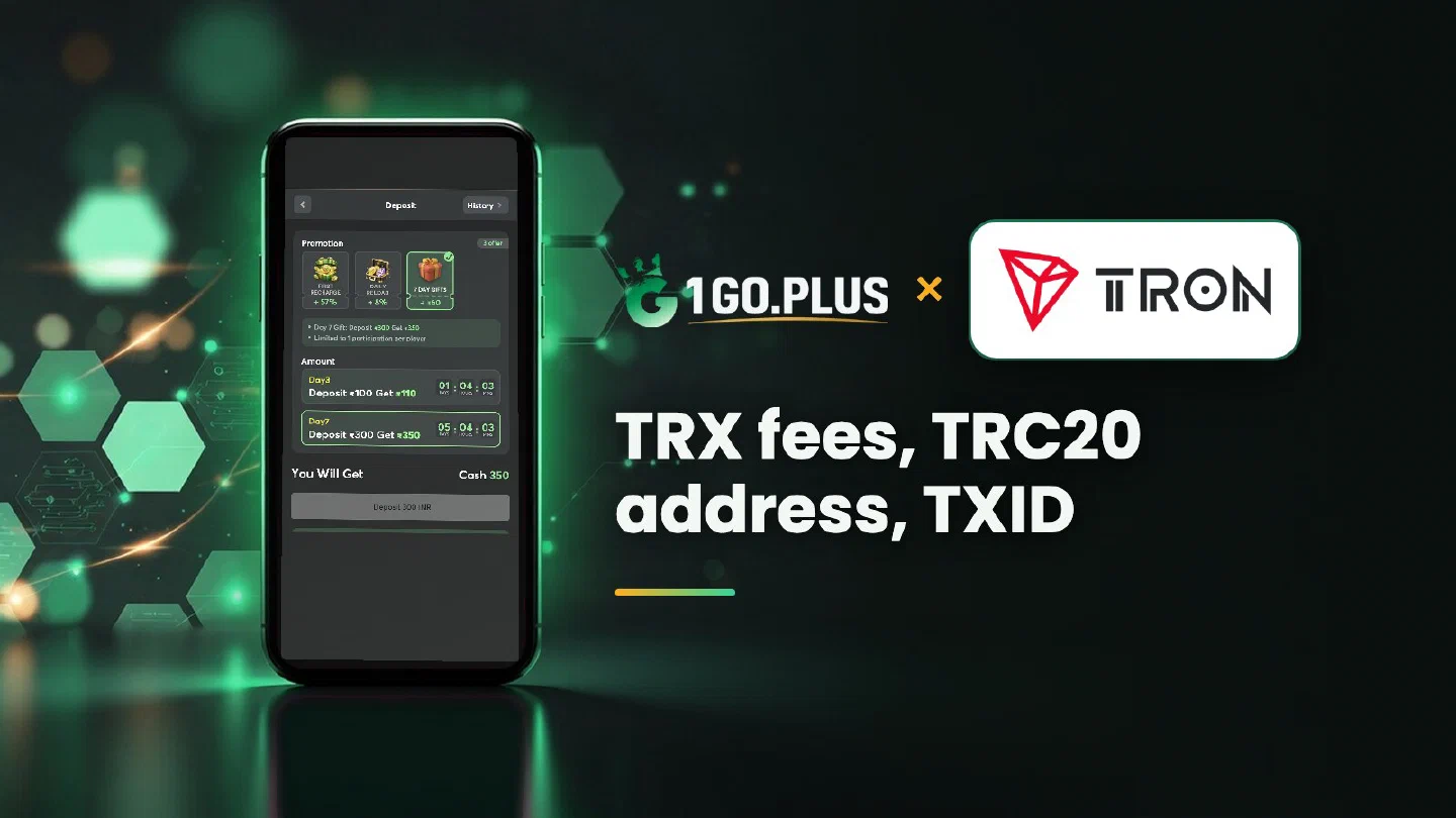 1GO Plus and Tron logos beside a phone showing the 1GO Plus deposit screen, with the line TRX fees, TRC20 address, TXID
