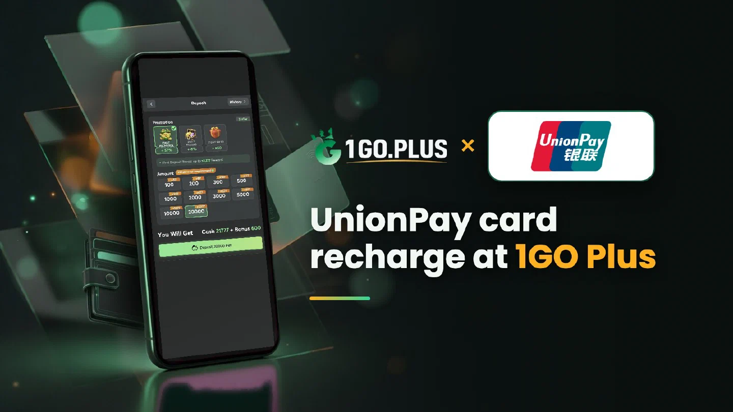 1GO Plus and UnionPay logos beside a phone showing the 1GO Plus deposit screen, with the line UnionPay card recharge at 1GO Plus