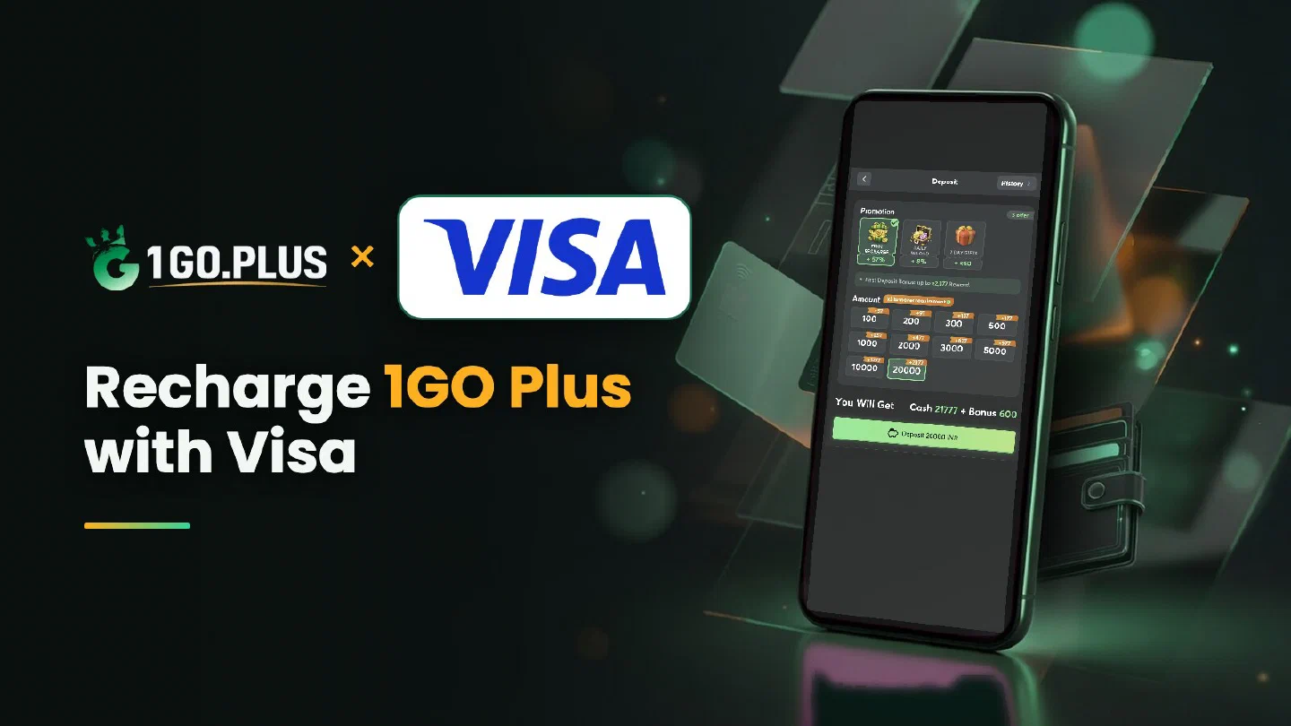 1GO Plus and Visa logos beside a phone showing the 1GO Plus deposit screen, with the line Recharge 1GO Plus with Visa