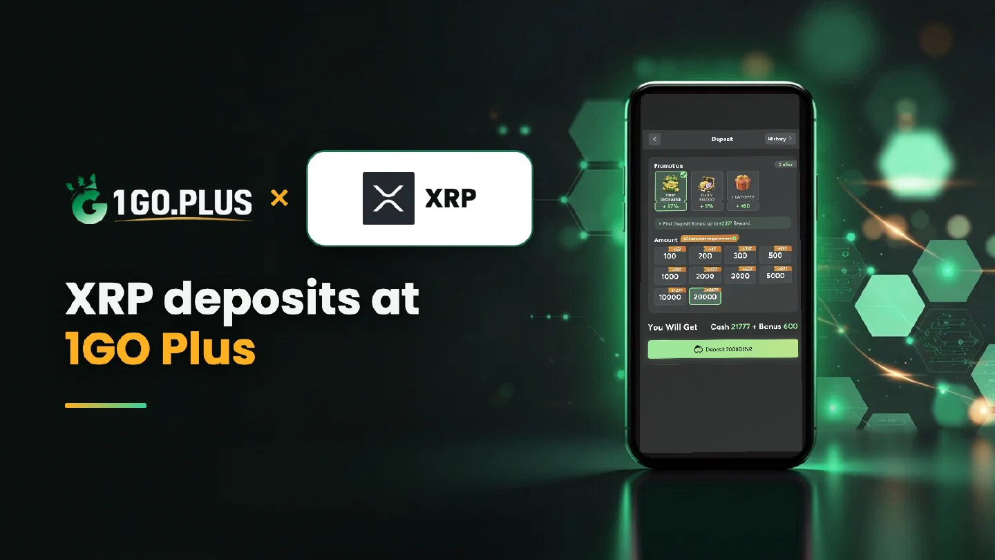 1GO Plus and XRP logos with the line XRP deposits at 1GO Plus beside a phone showing the 1GO Plus deposit screen