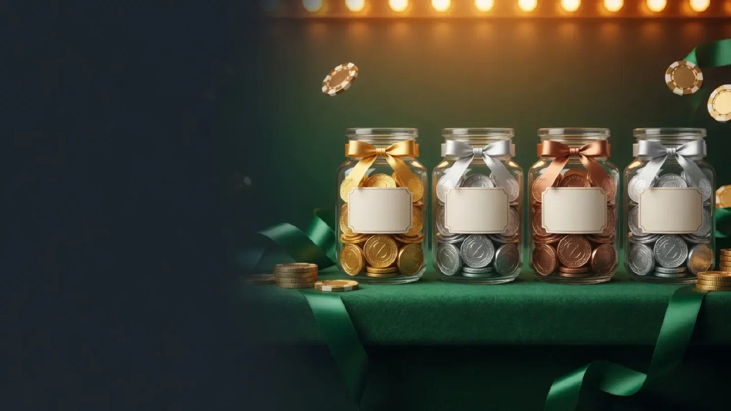 Four labelled glass jars filled with coins of different colours on a dark green shelf