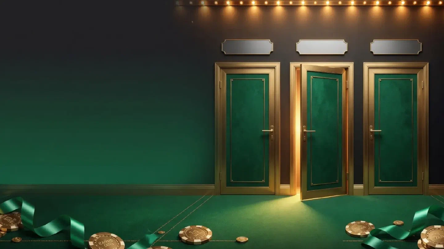 A row of doors with green and grey signs, one door slightly open with light coming through