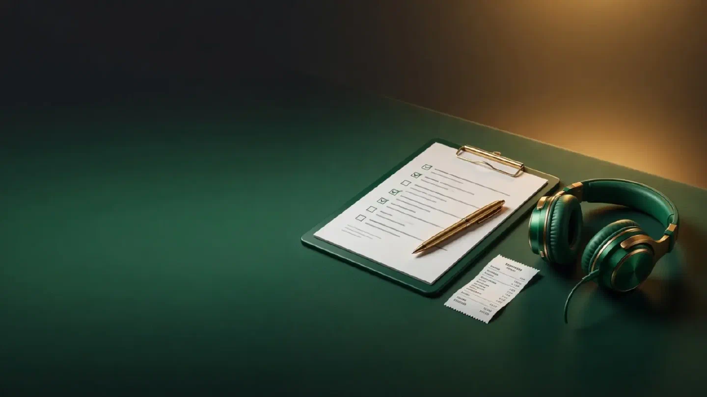 A tidy checklist with a pen and a receipt next to a headset on a dark green desk