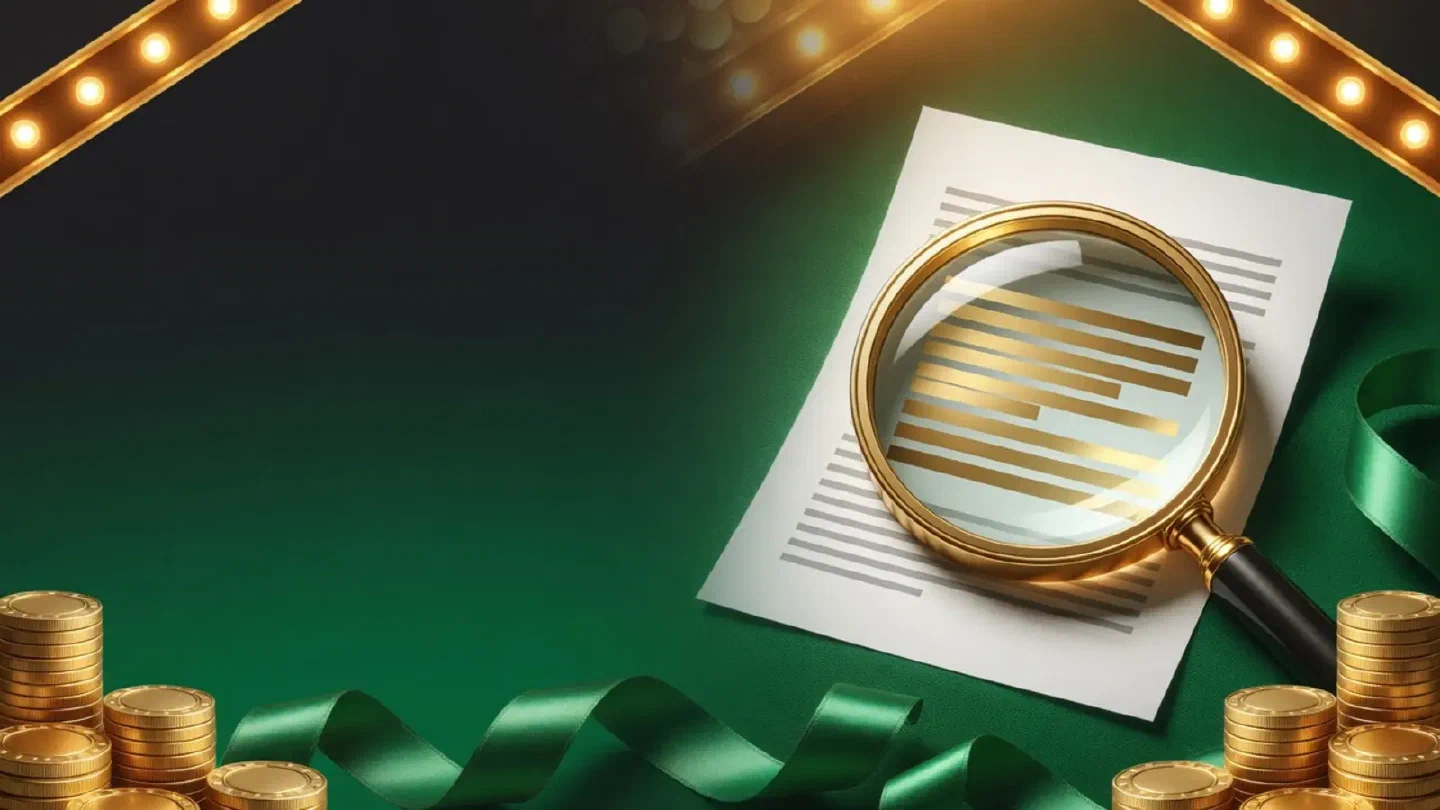 A magnifying glass over a terms sheet with seven highlighted lines on a dark green desk