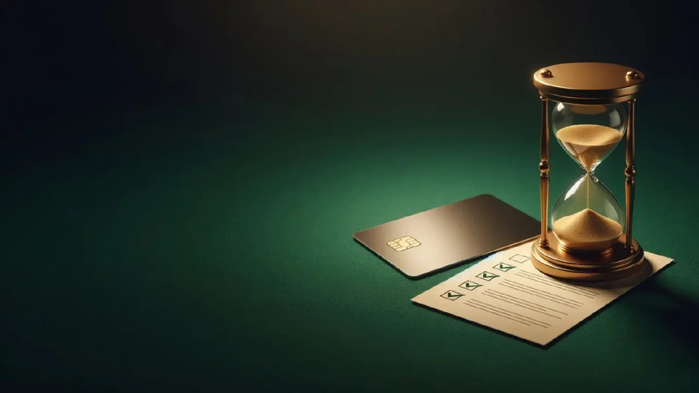 A bank card and a checklist next to an hourglass on a dark green desk