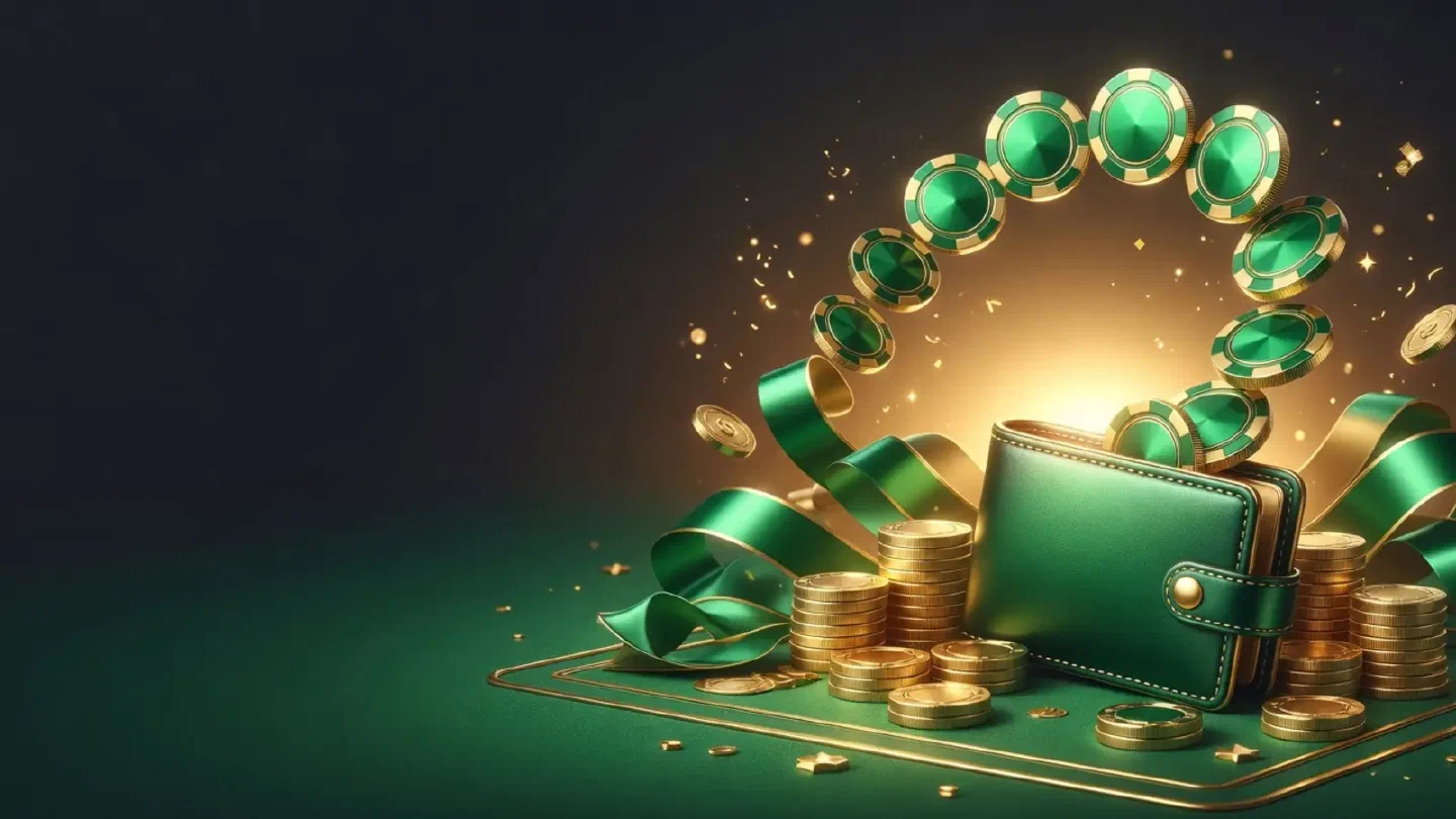 A curved arrow of emerald coins returning to a wallet under a sunrise