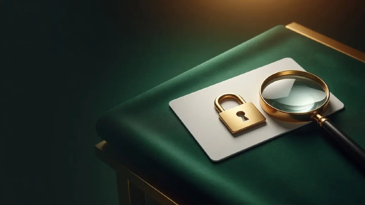 A code card with a broken padlock icon and a magnifying glass on a dark green desk