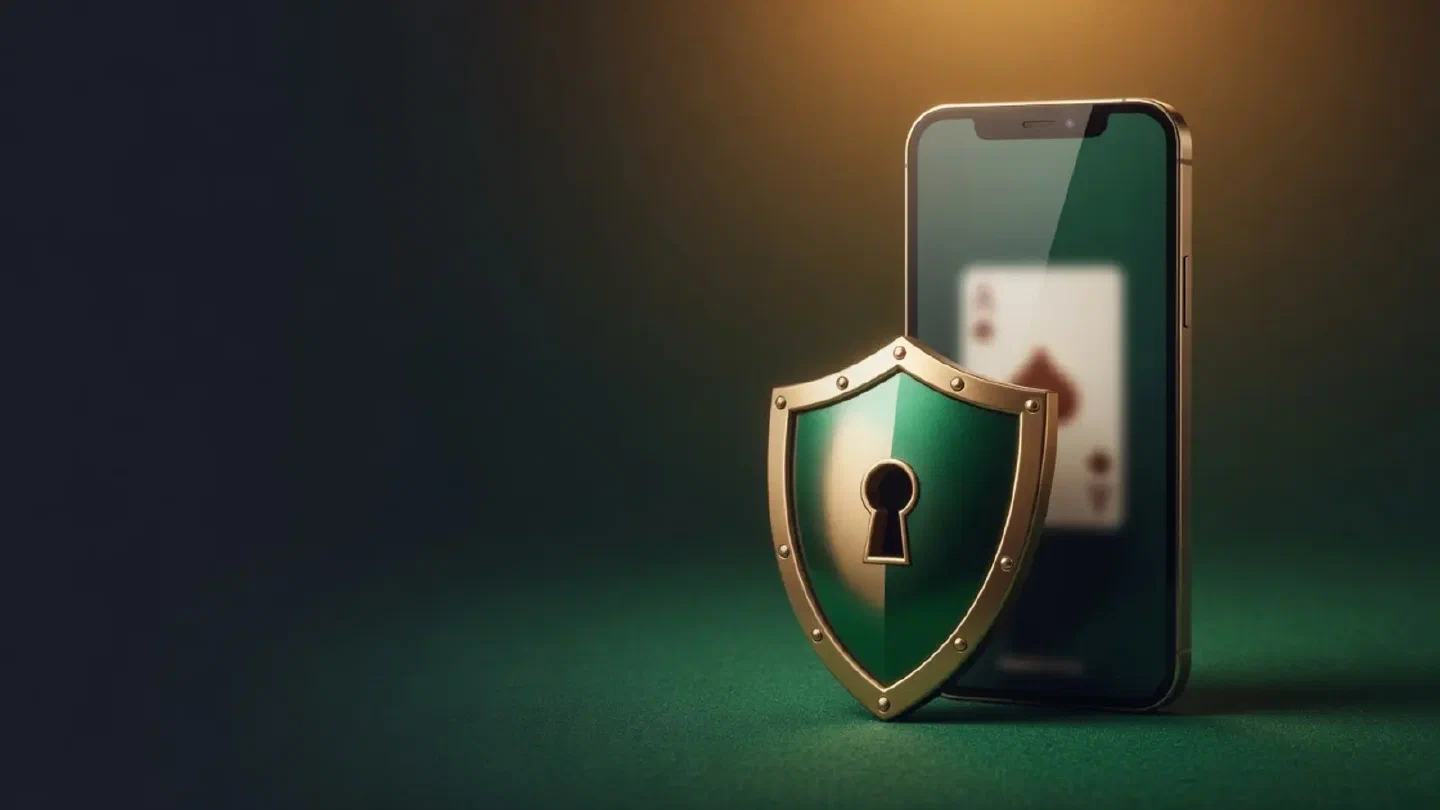 A shield with a keyhole in front of a phone showing a blurred code card on a dark green background