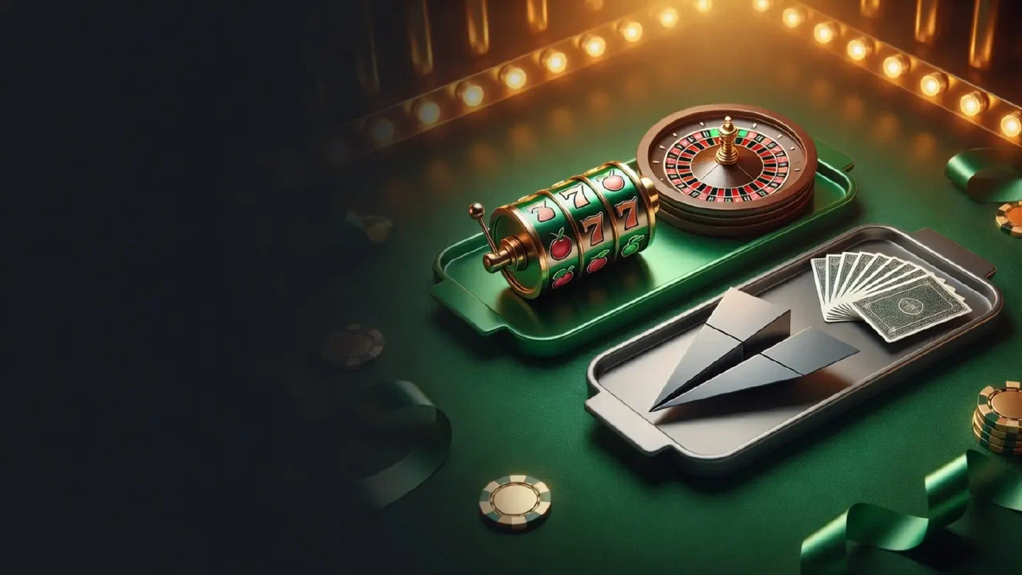 Game category icons - slot reels, a plane, cards and a roulette wheel - sorted into green and grey trays