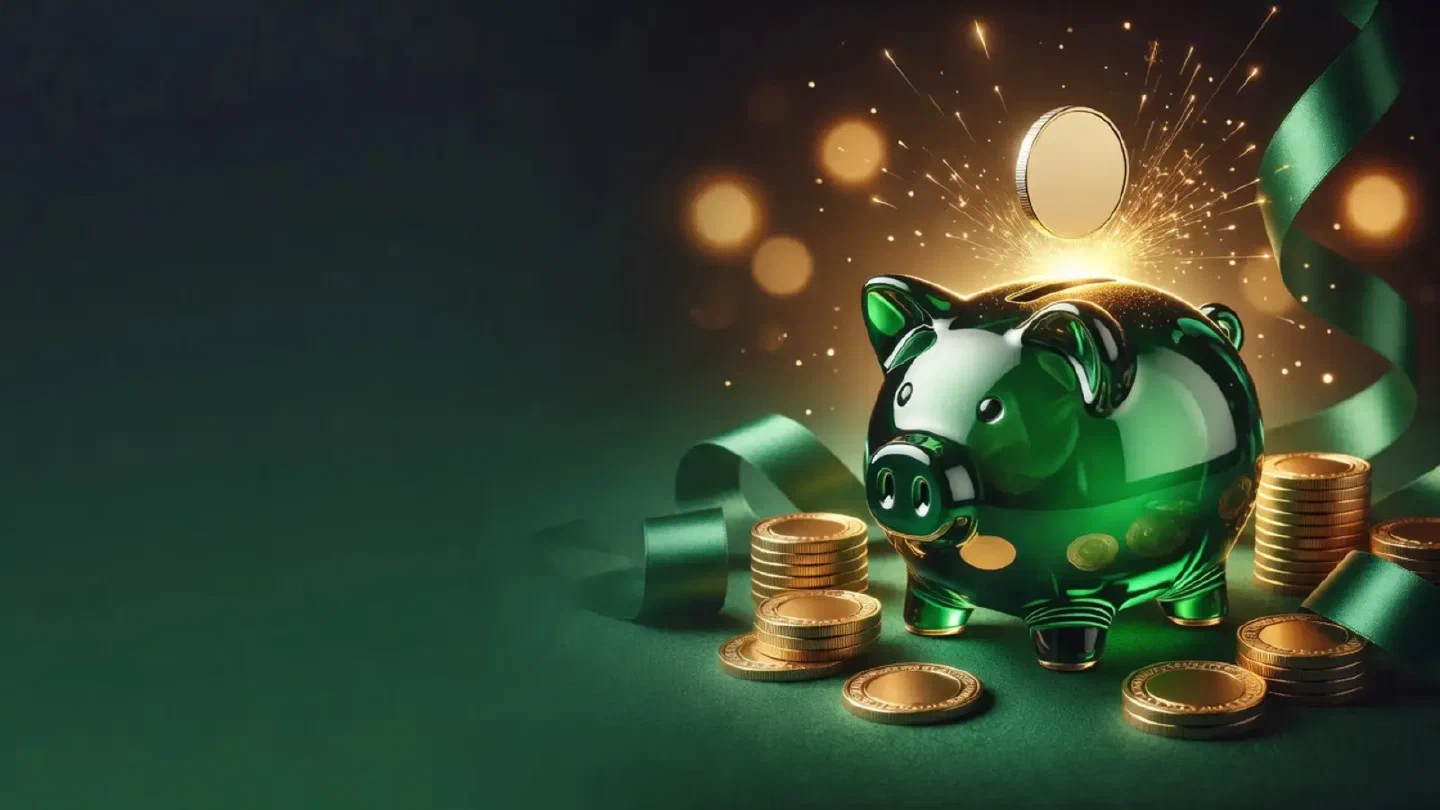 A first coin dropping into a glowing green piggy bank with sparks of gold around it