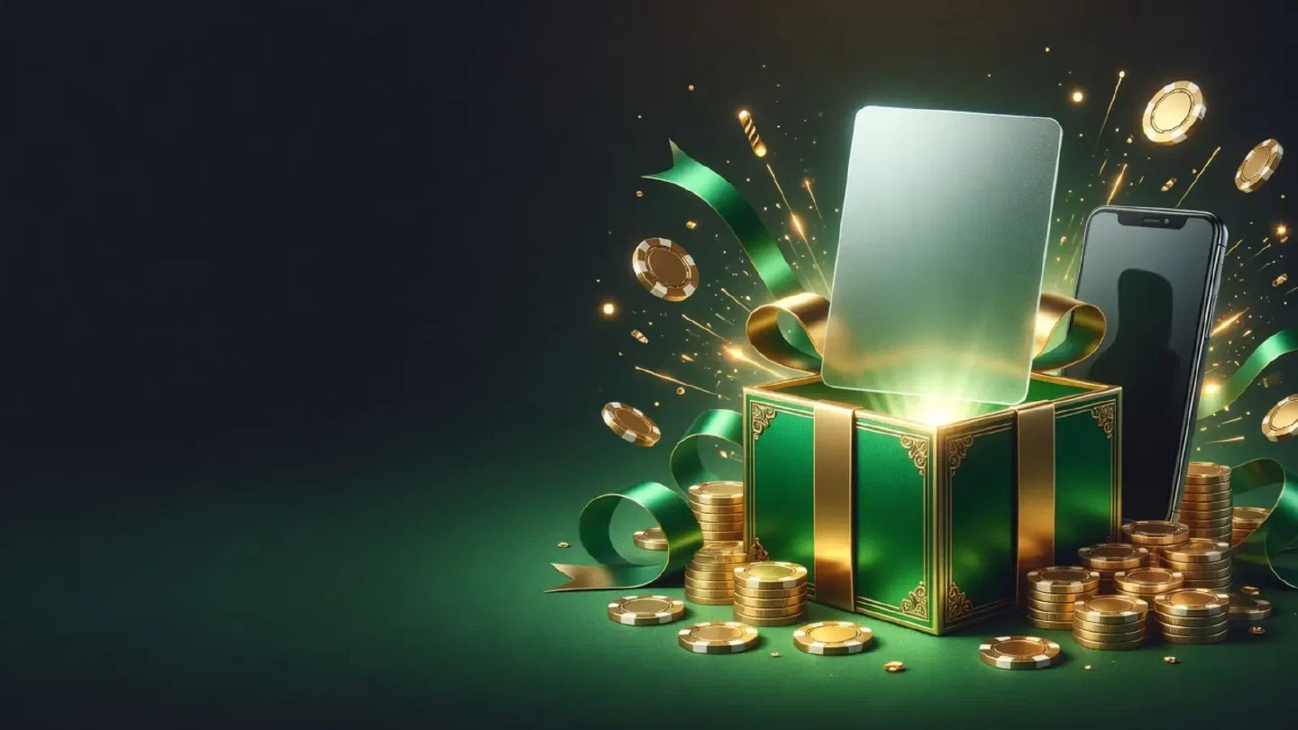 A glowing gift box with a blank code card on a dark green background