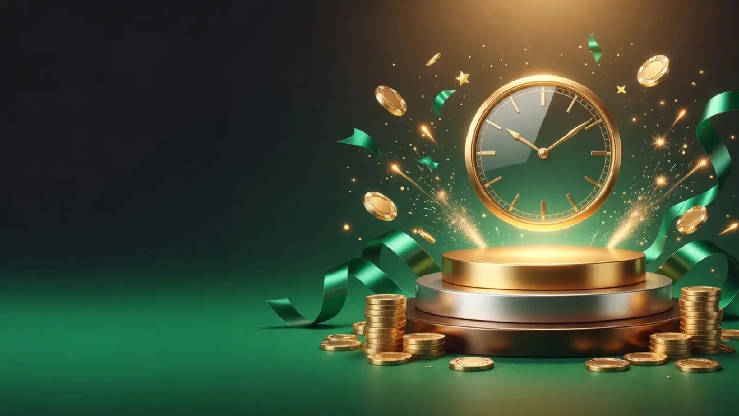 A glowing podium with gold, silver and bronze steps under a daily clock