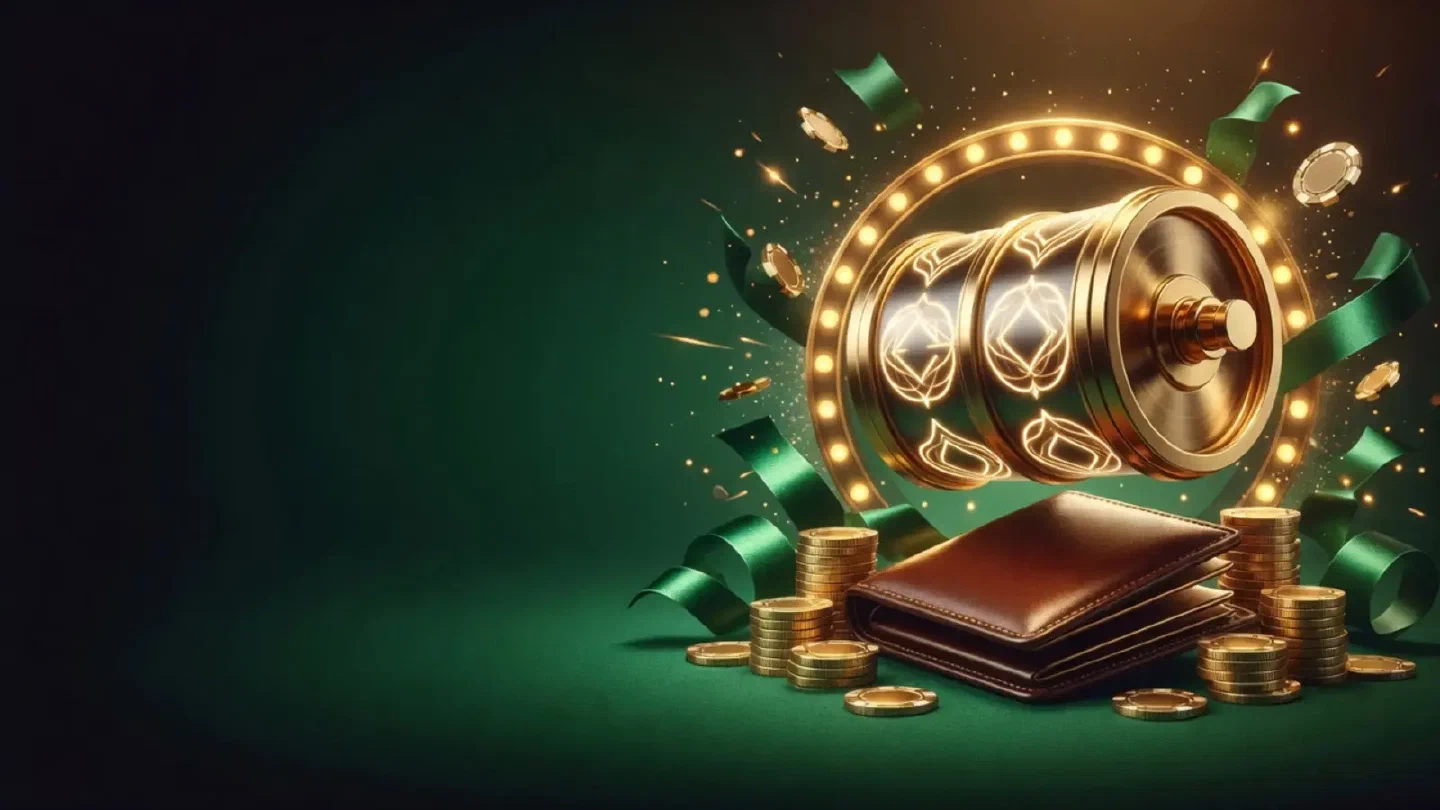 A single golden slot reel spinning above an empty wallet on a dark green background