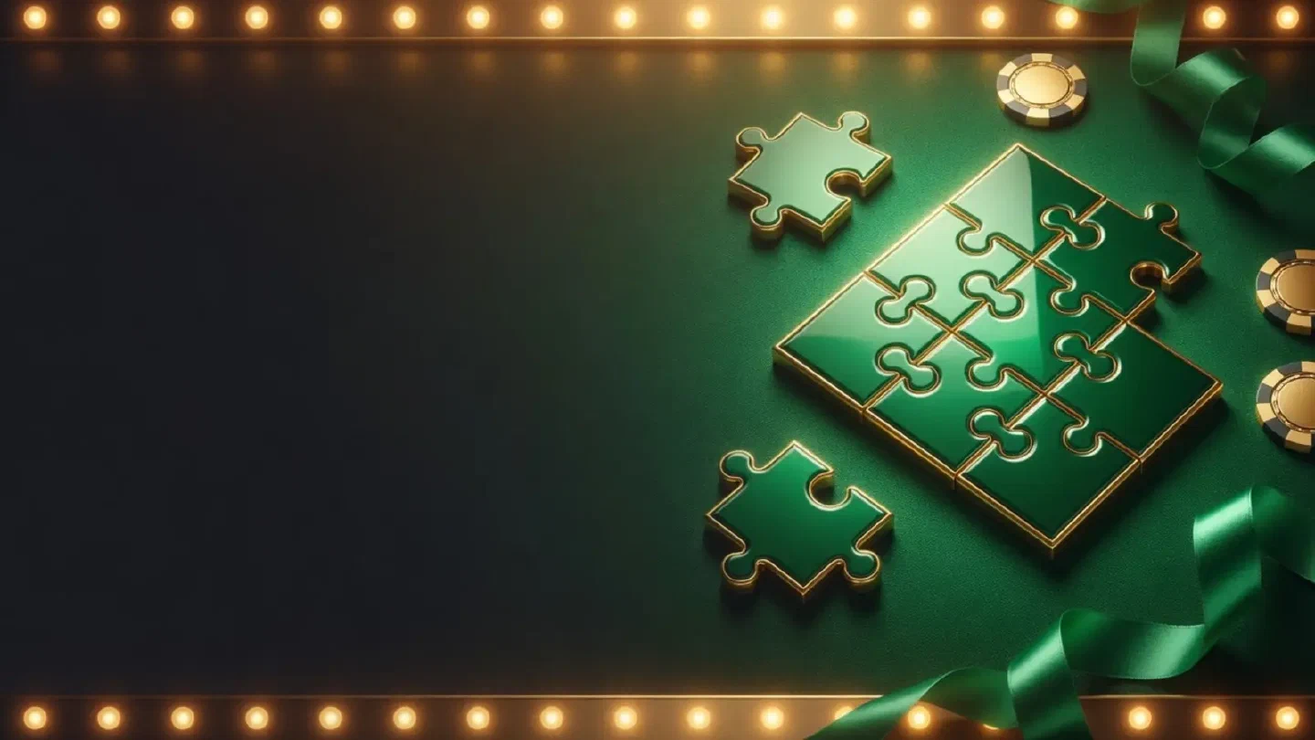 Puzzle pieces in gold and green, some fitted together and some set apart