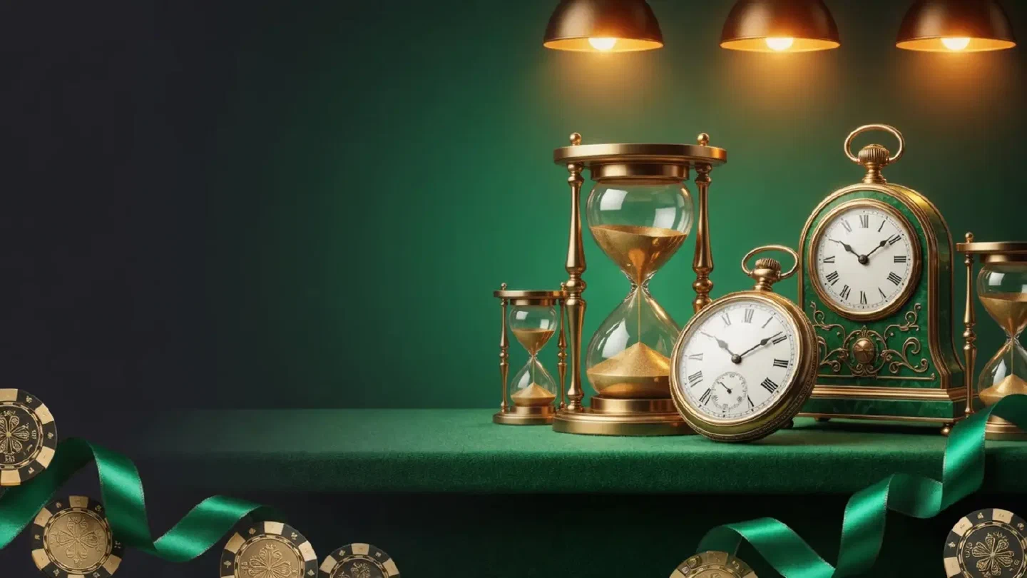Several clocks and hourglasses of different sizes on a dark green shelf