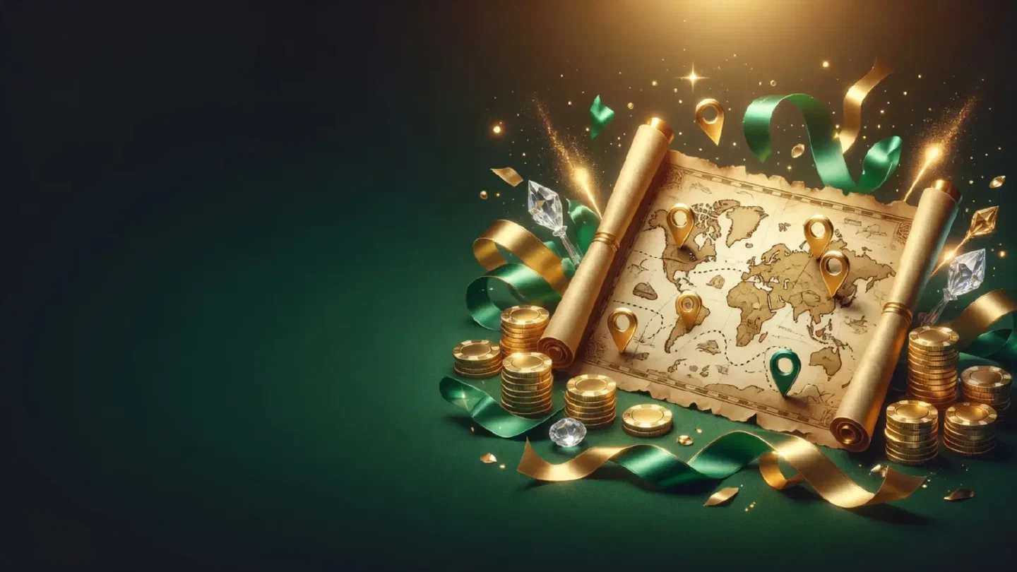 A treasure map on a dark green table with gold markers for different rewards