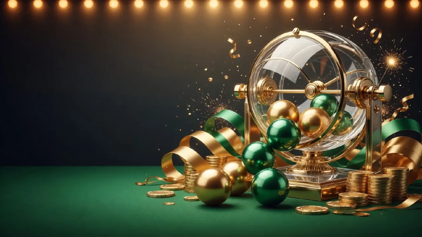 Numbered lottery balls in gold and green rolling out of a glass drum