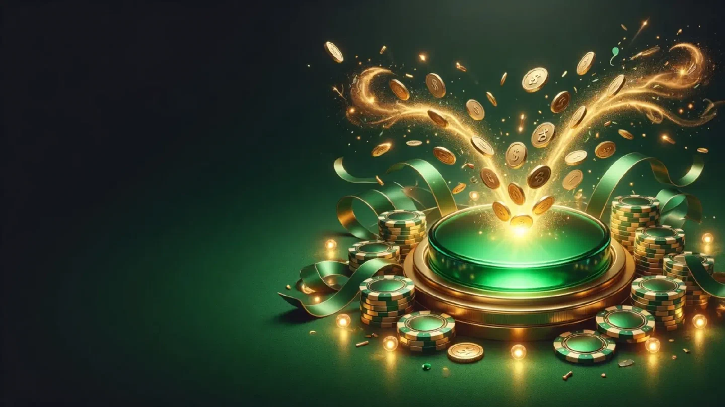 A glowing top-up button with coins splitting into two streams on a dark green background