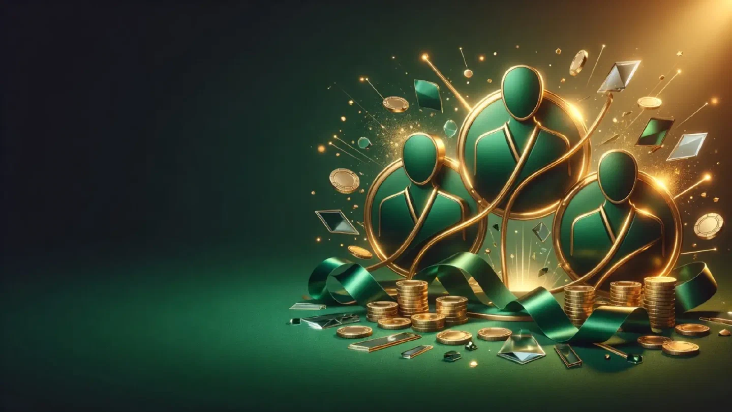 Three connected circles of people linked by glowing gold lines on a dark green background