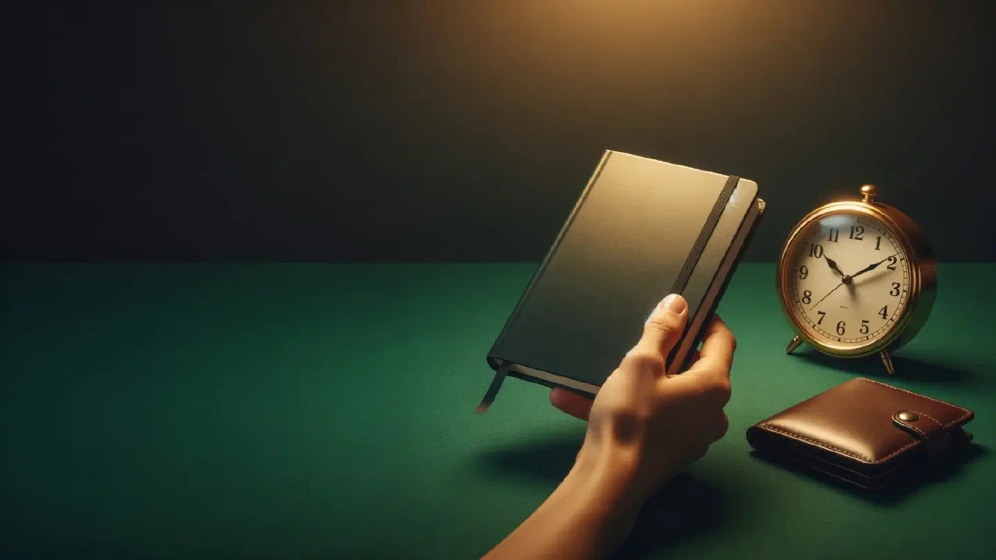 A calm hand holding a small notebook with a budget, a clock and a closed wallet on a table