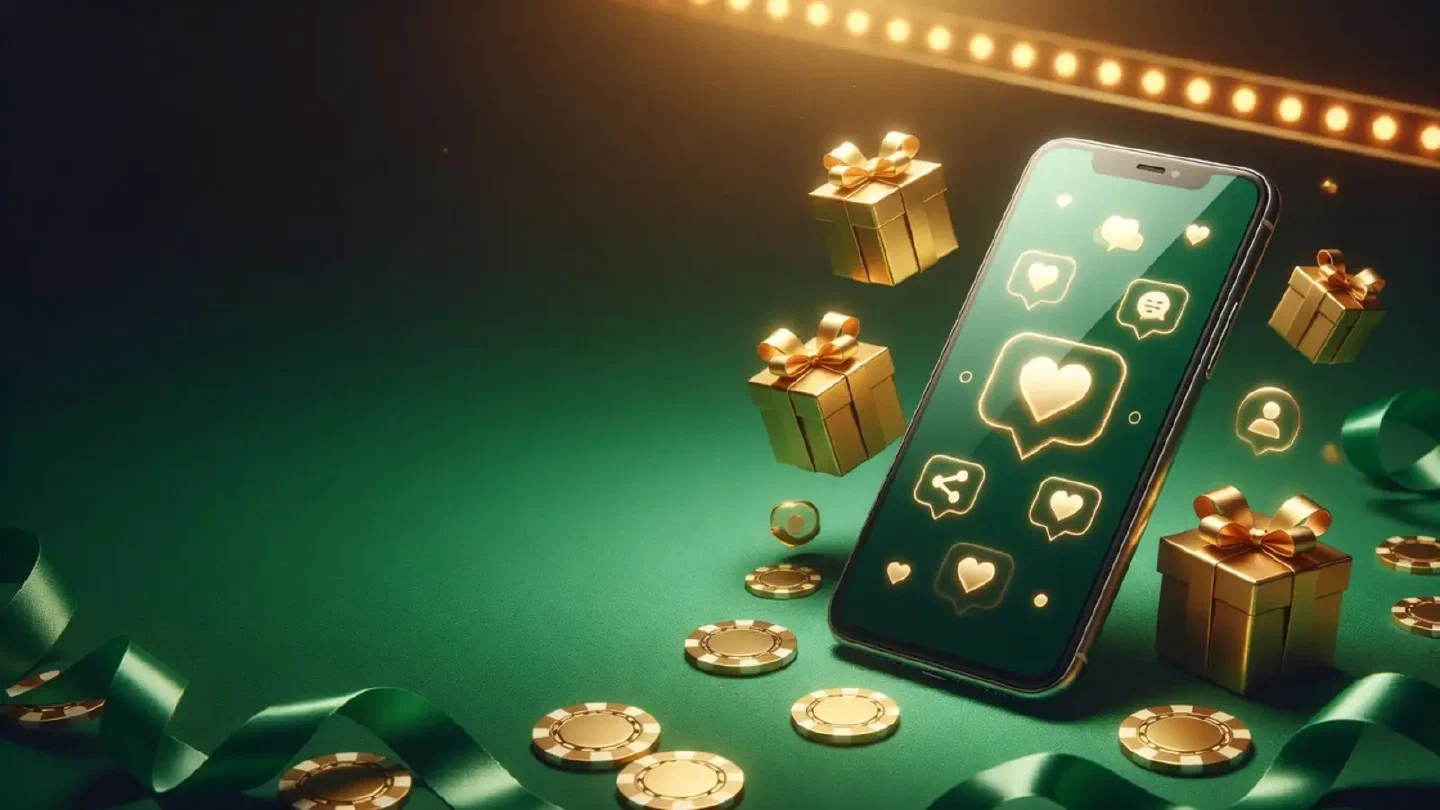 A smartphone showing abstract social media icons with small gold gift boxes floating around it