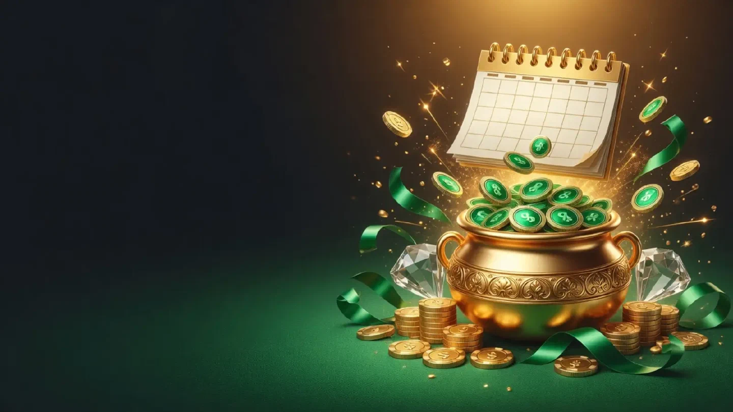 A large golden pot filling with emerald coins under a calendar marked Tuesday