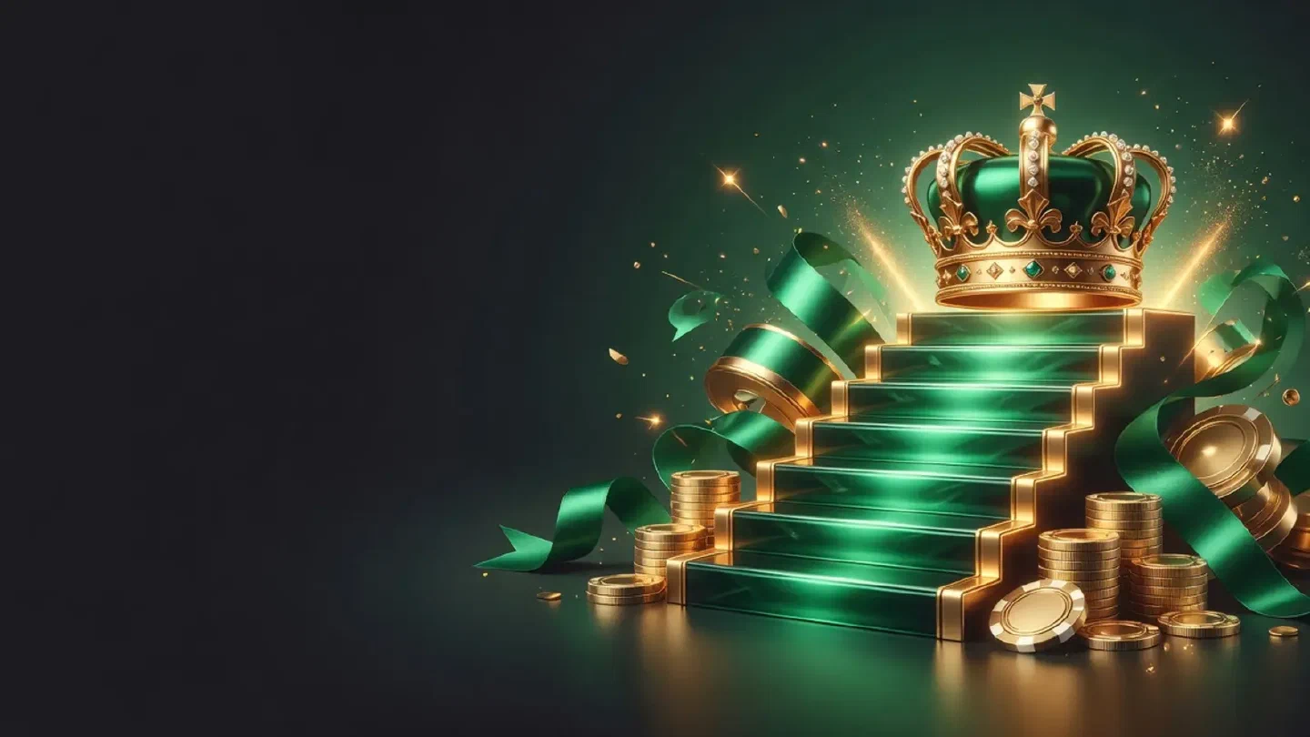 A rising staircase of glowing emerald steps with a gold crown at the top