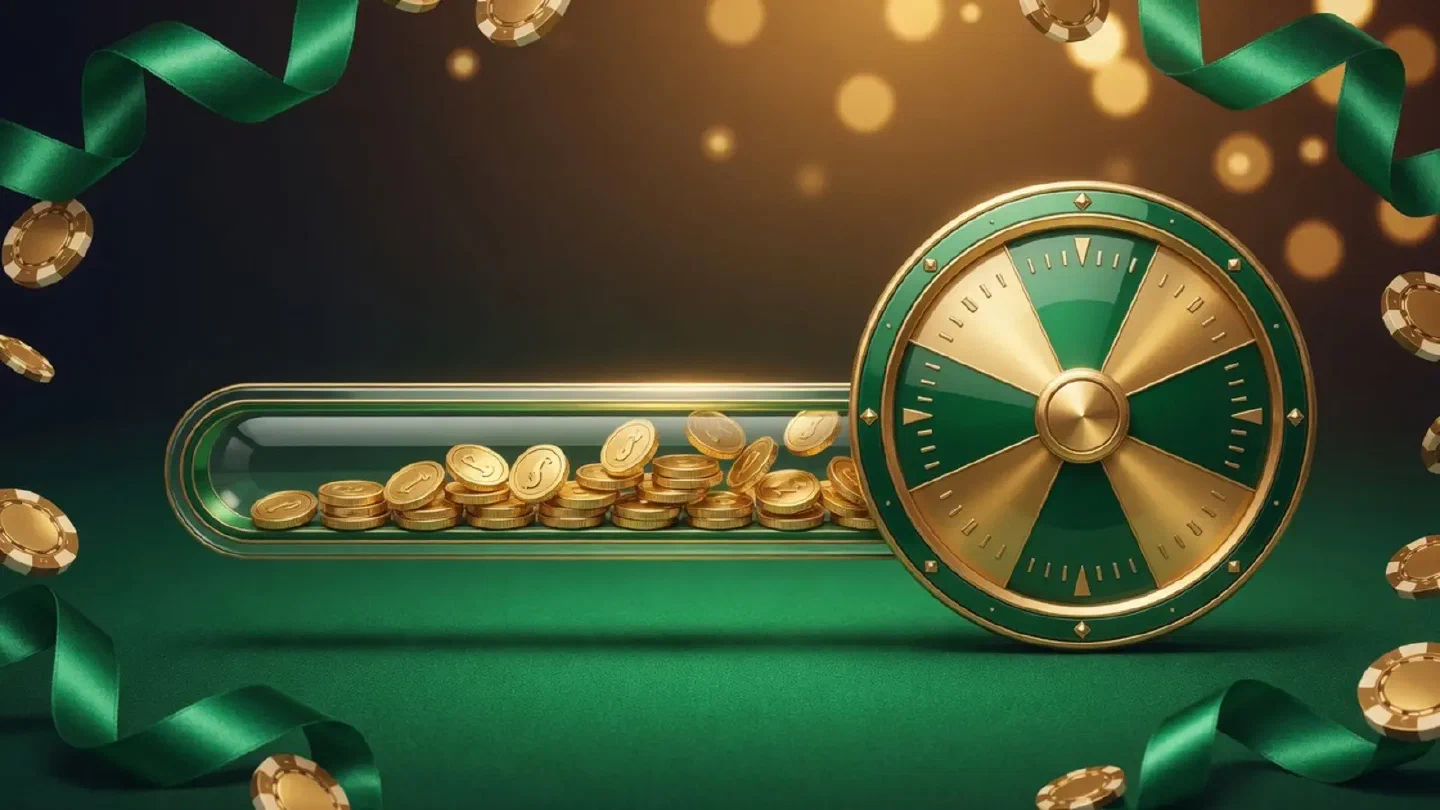 A progress bar filling with gold coins beside a multiplier dial on a dark green background