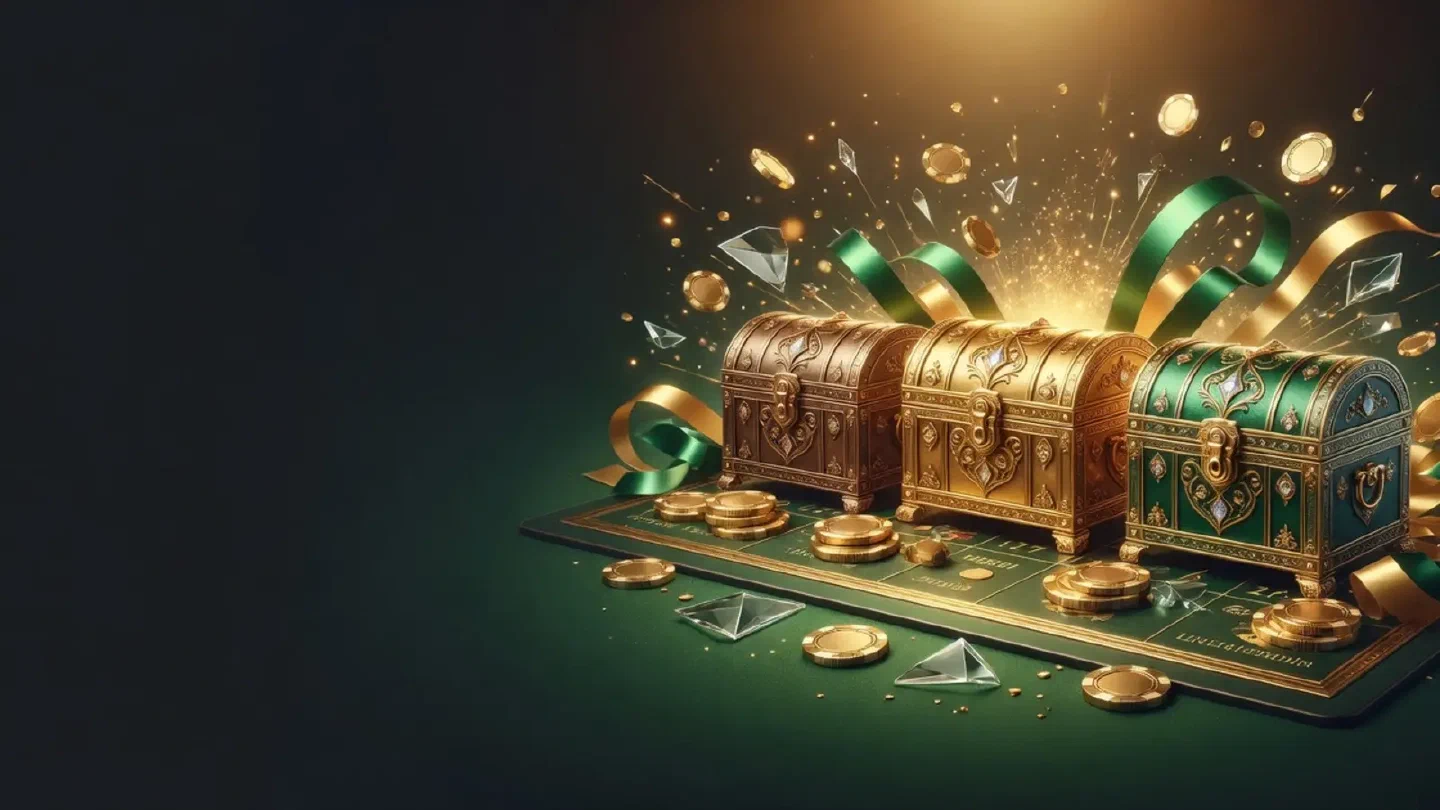 Three treasure chests in bronze, gold and emerald tones lined up on a dark green calendar strip